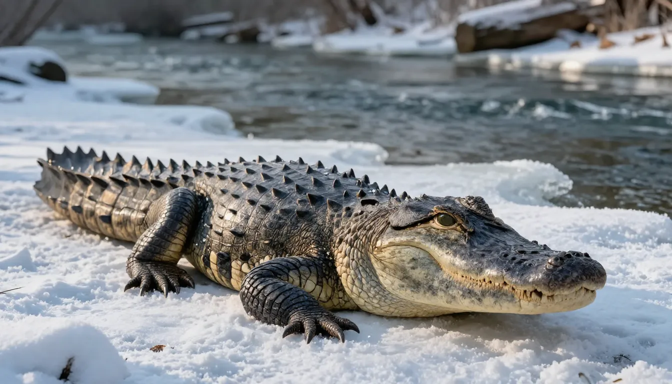 A large grumpy alligator partially covered in light snow on ...