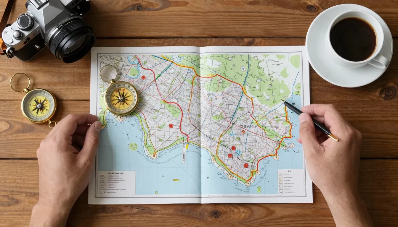 A traveler's hands holding a paper map over a wooden table w...