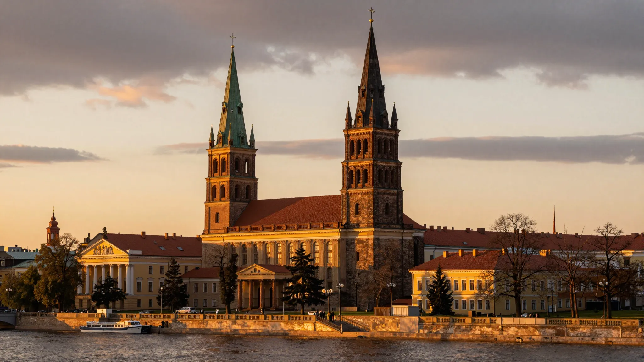 Golden hour in Kaliningrad, historical architecture of Konig...