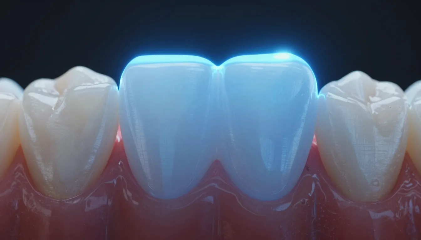 Close-up of a clean tooth surface with a soft blue neon glow...
