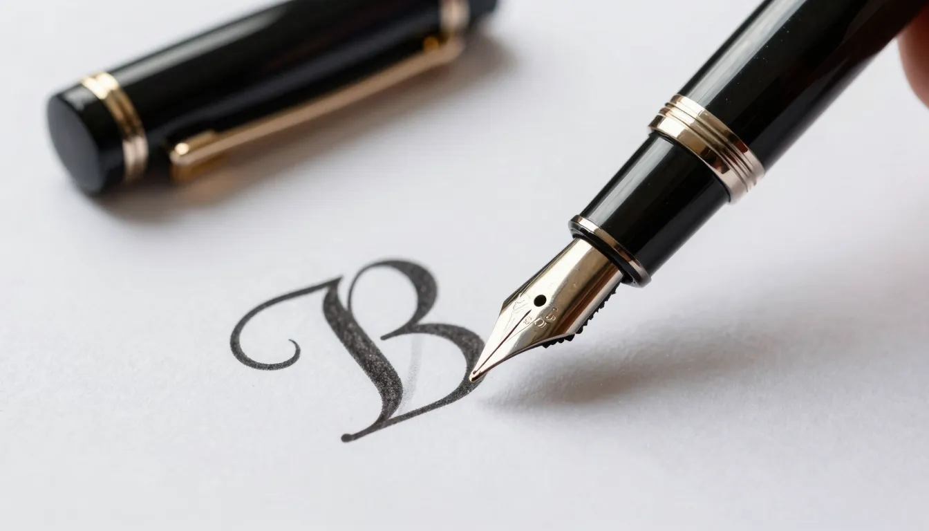 A close-up of a professional fountain pen writing a stylized...