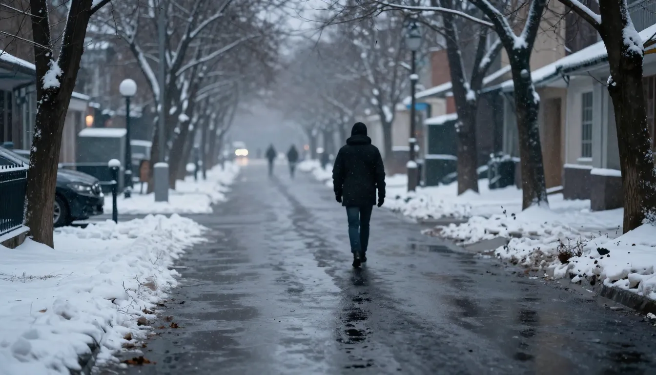 A poetic transition scene where a snowy winter street starts...