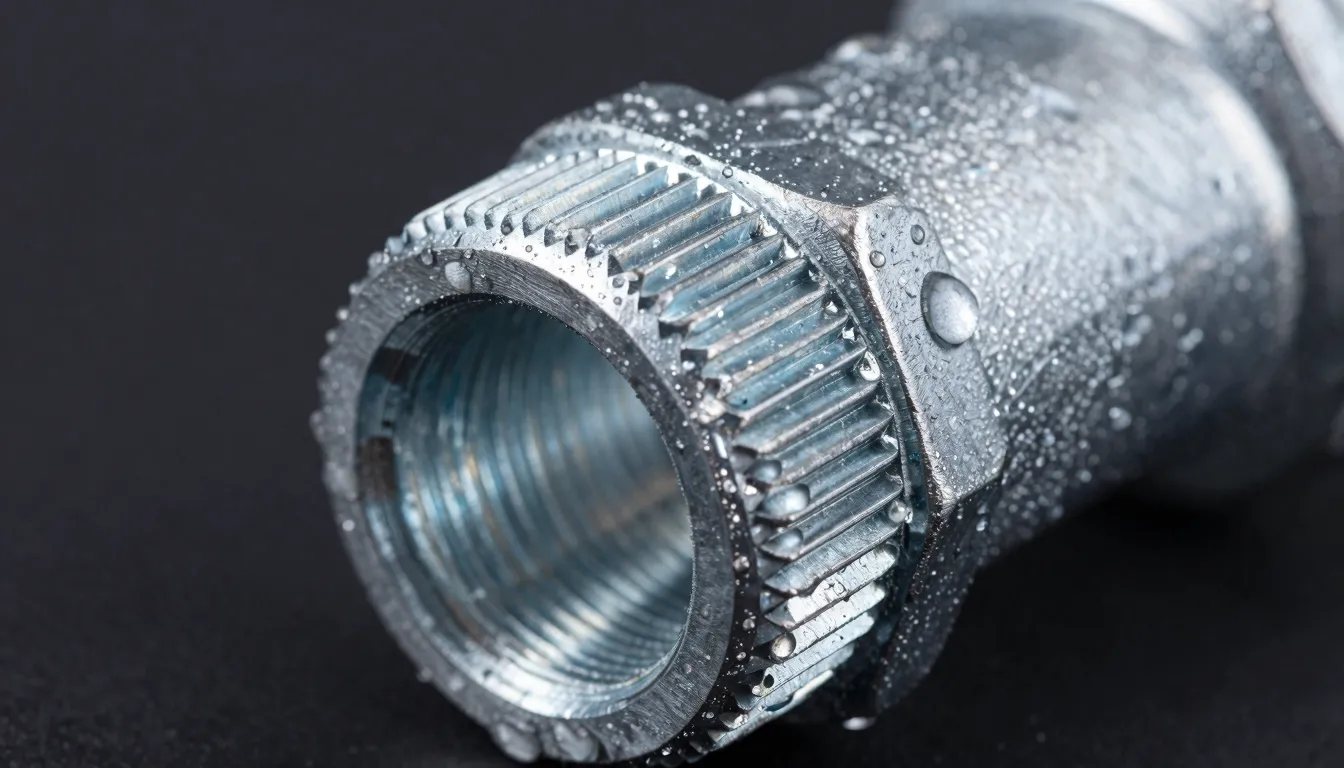Close-up of a galvanized steel pipe thread with water drople...