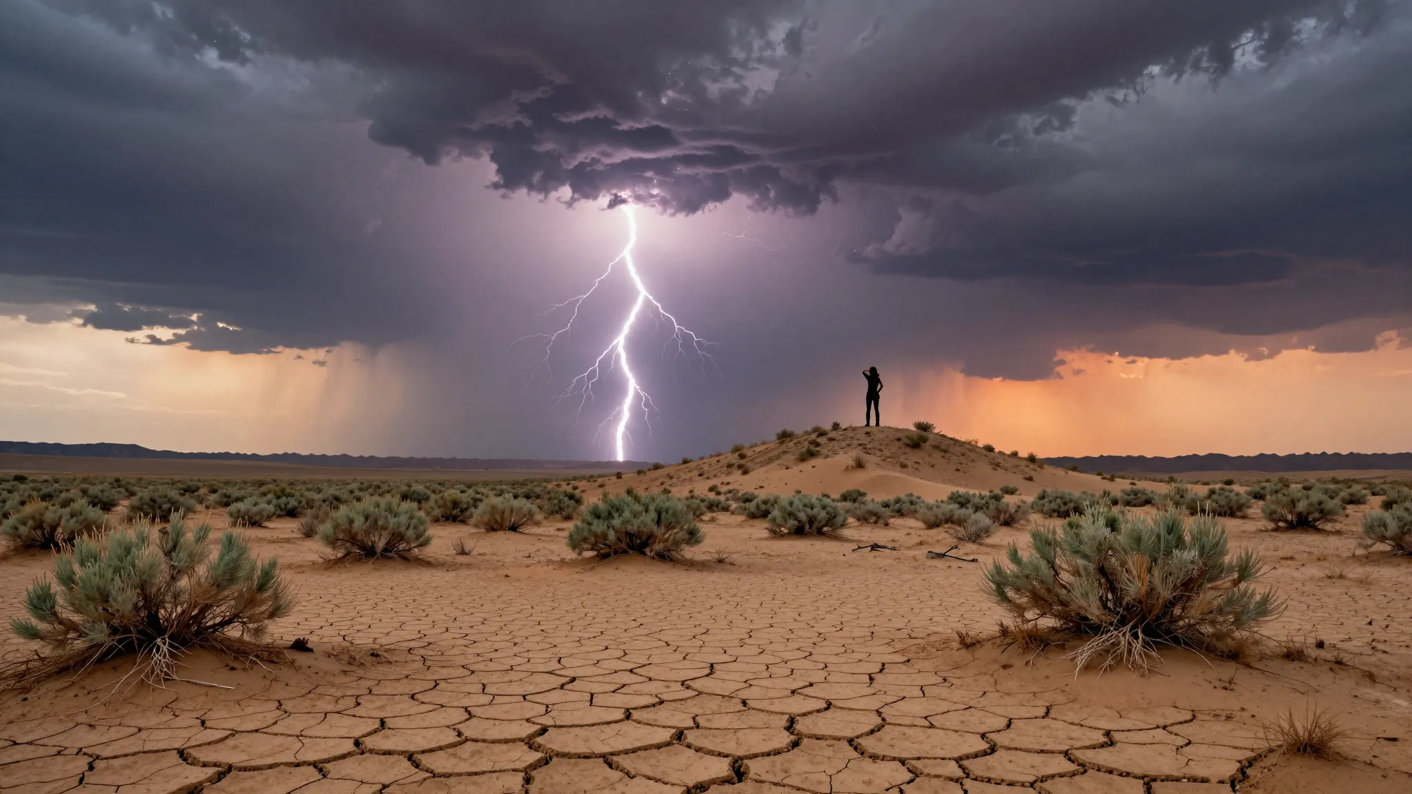 Wide shot of a desert during the first thunderstorm, cracked...