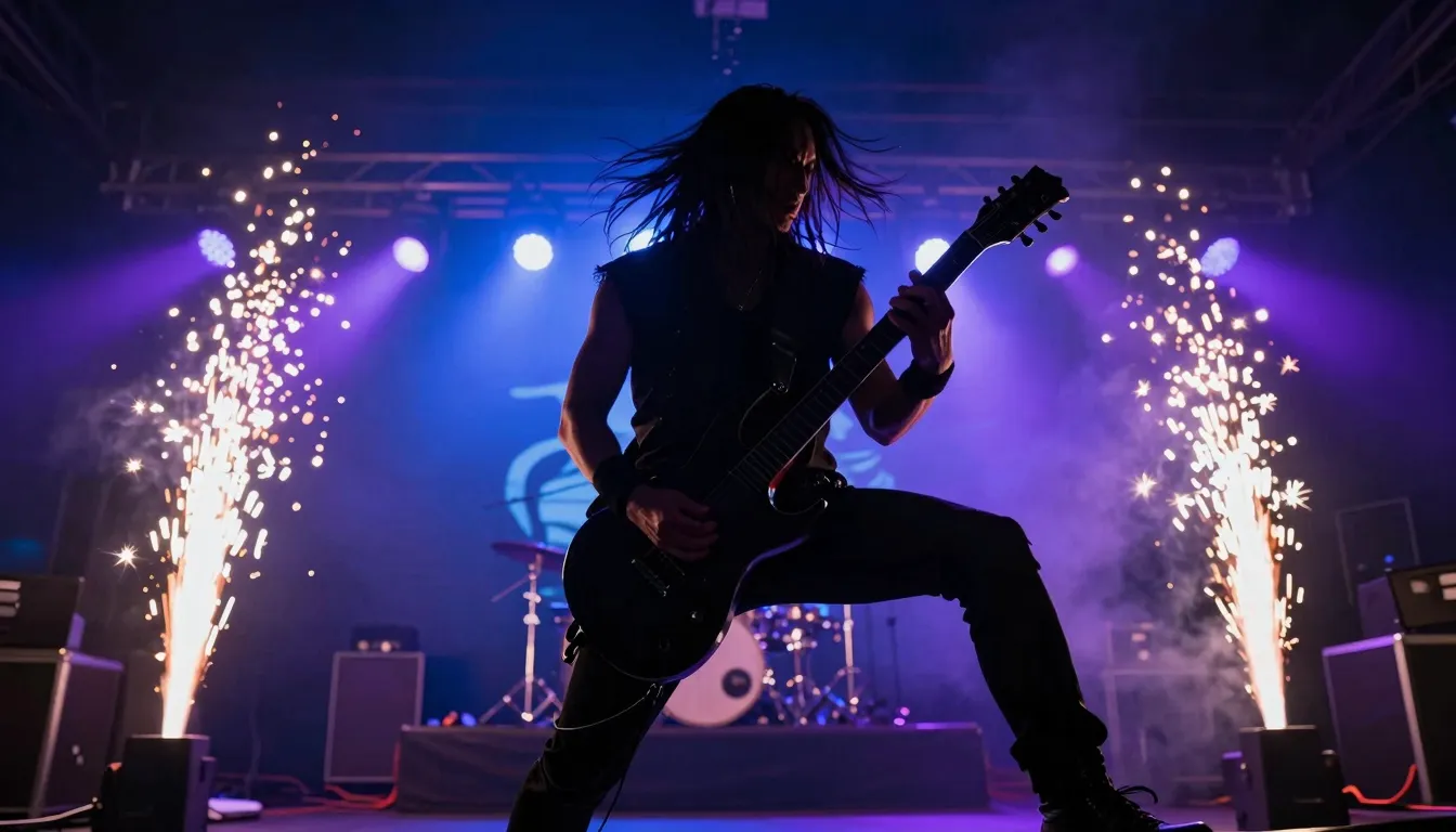 Dynamic heavy metal stage performance, silhouette of a guita...
