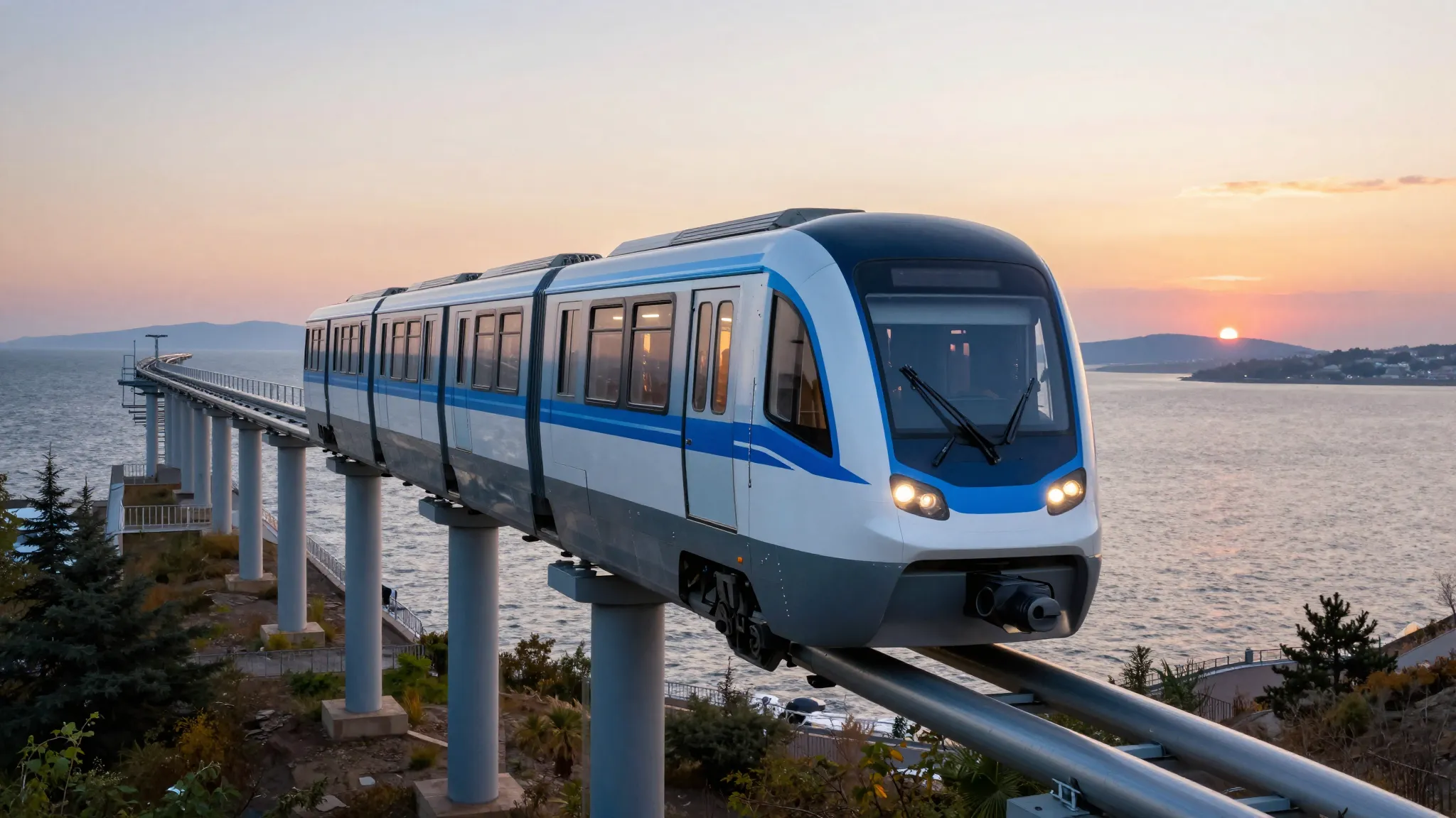 Futuristic monorail train moving on a high track over the se...