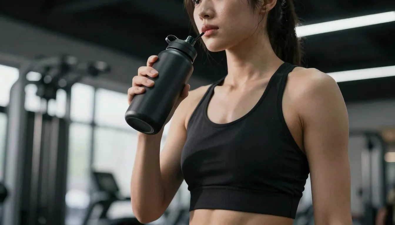 Athletic person in a modern gym holding a dark bottle, looki...