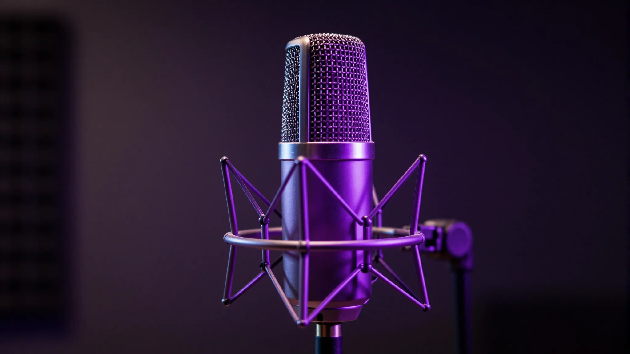 A professional music studio microphone with glowing neon pur...