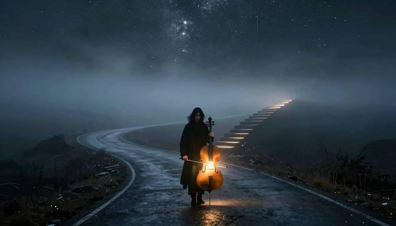 A surreal crossroads in a thick fog, a mysterious wanderer h...