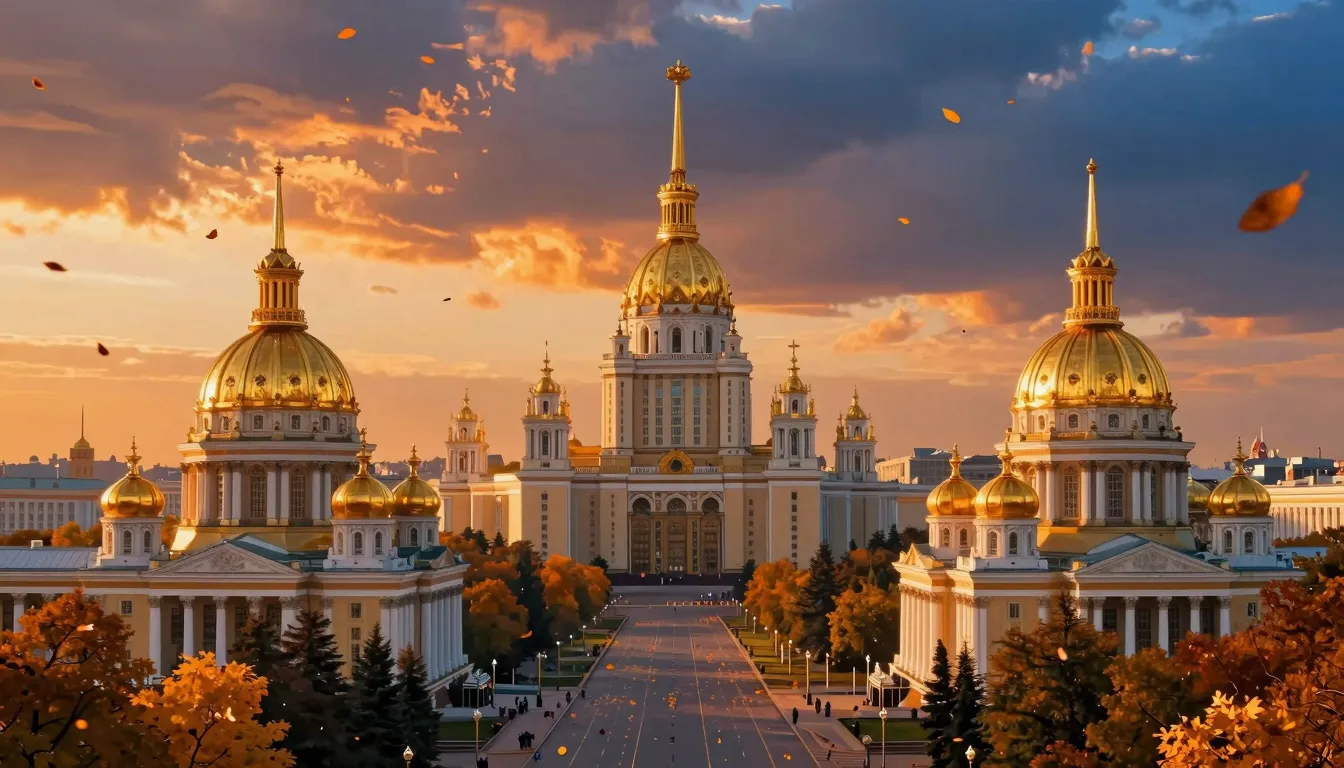Epic panoramic view of a grand imperial city. Massive golden...