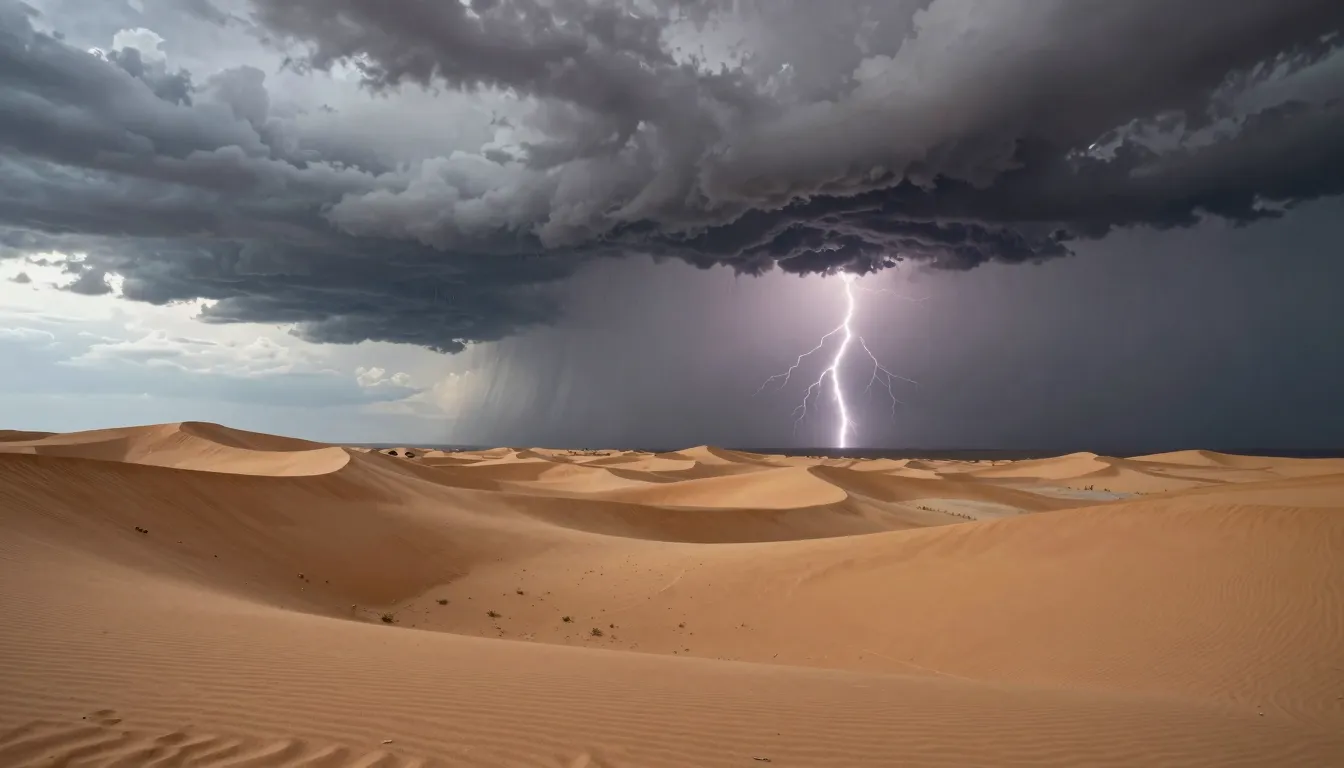 Dramatic desert landscape during a summer storm. Dark heavy ...