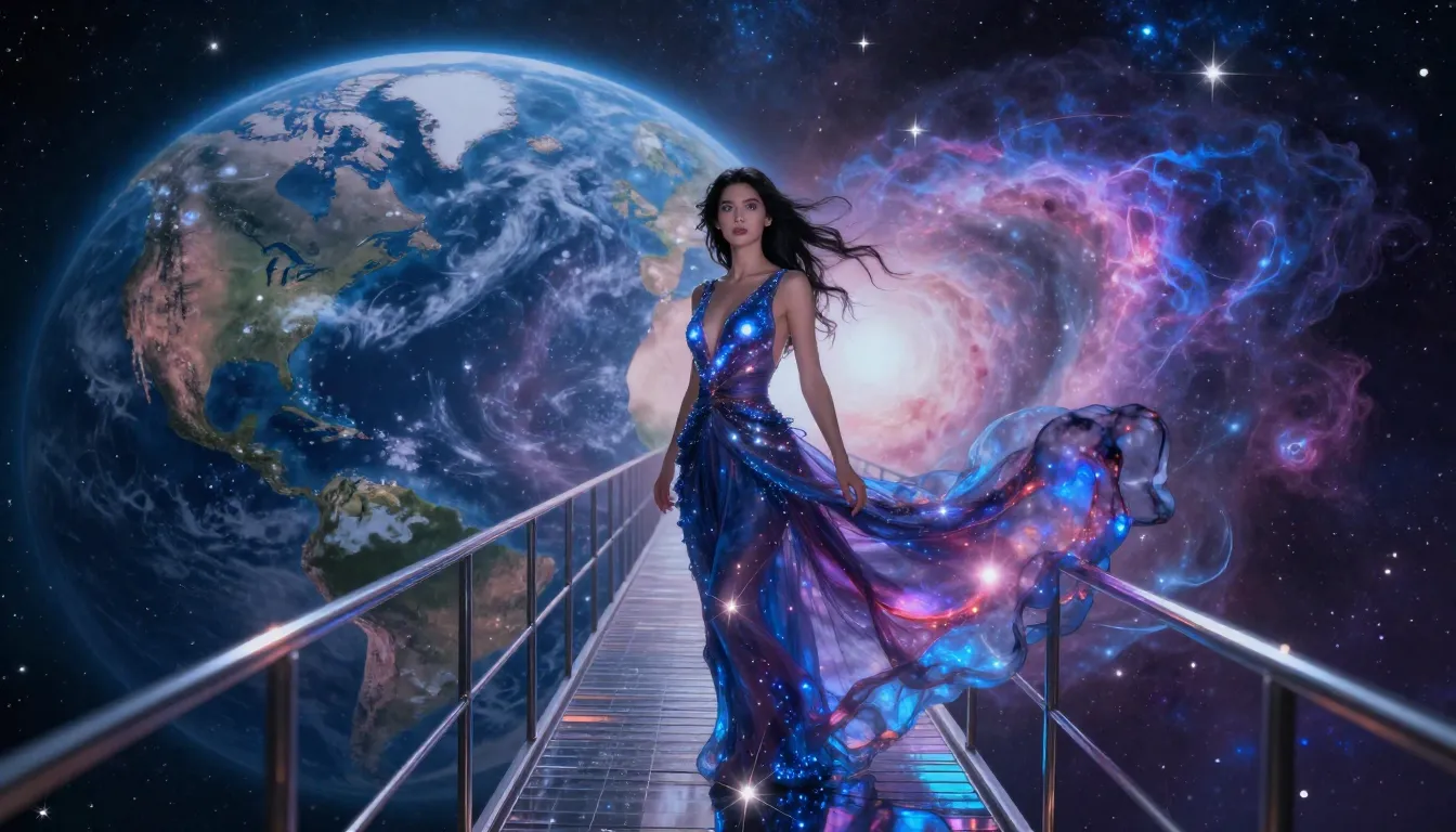 A beautiful woman standing on a celestial bridge made of sta...