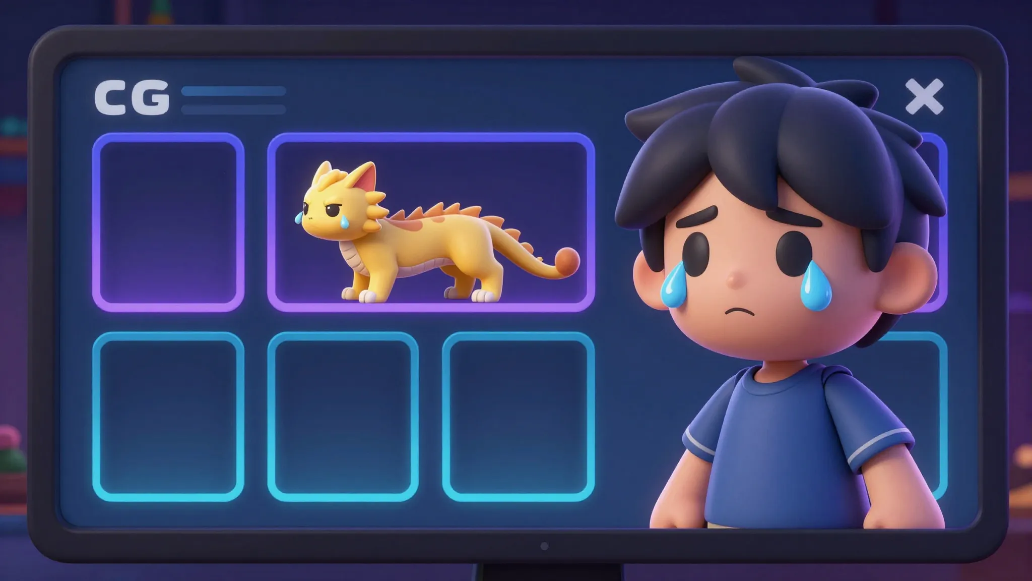 A sad player avatar on a computer screen, stylized tears, em...