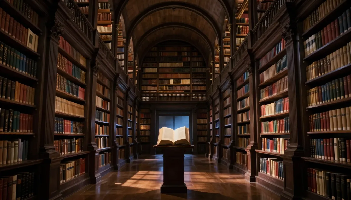 A majestic library interior at night. The architecture is cl...