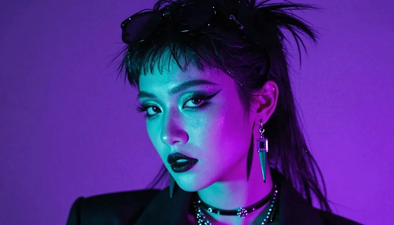 Avant-garde 1980s fashion photography, neon glowing makeup, ...
