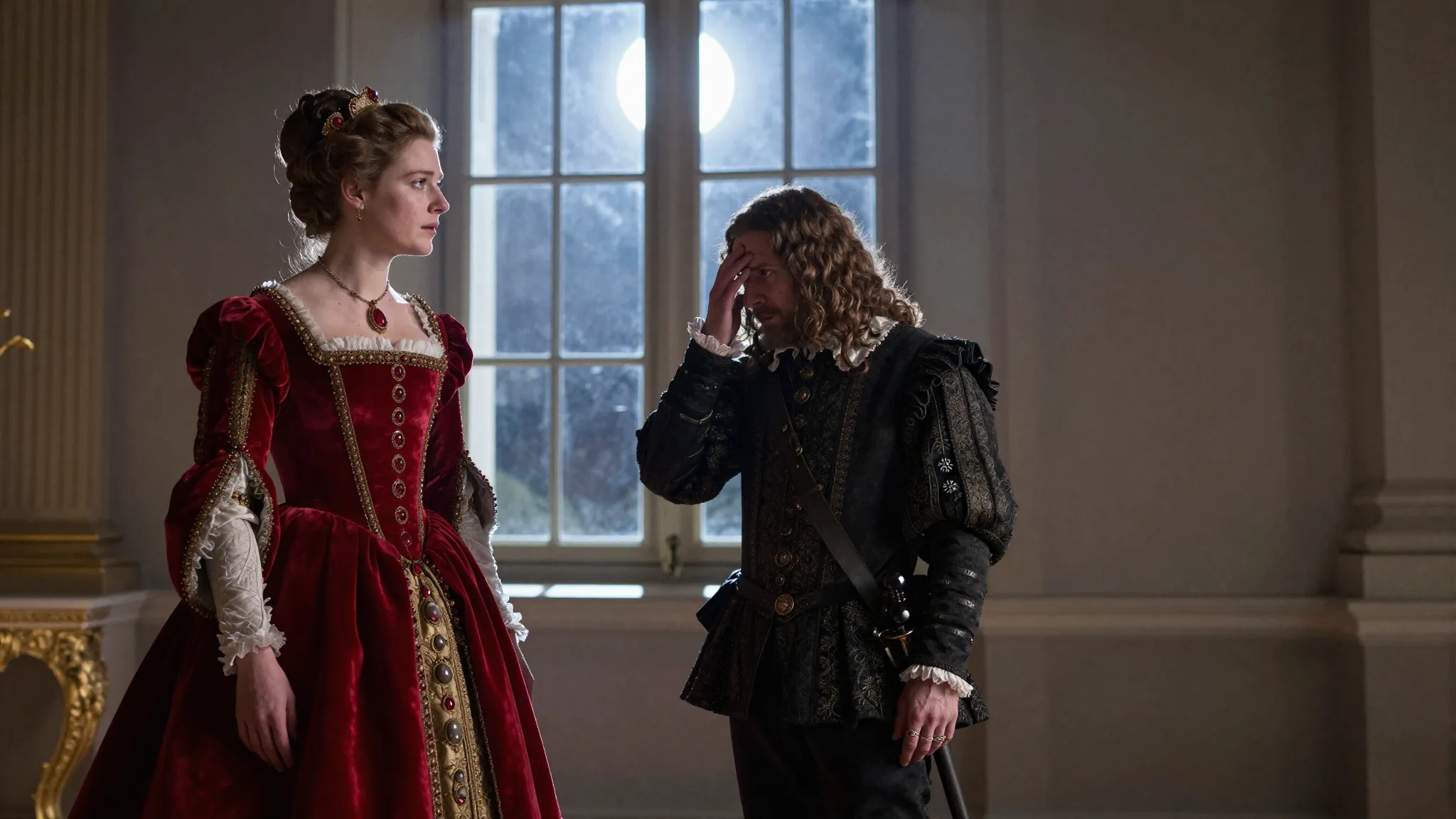 16th century French castle interior, a woman in a magnificen...