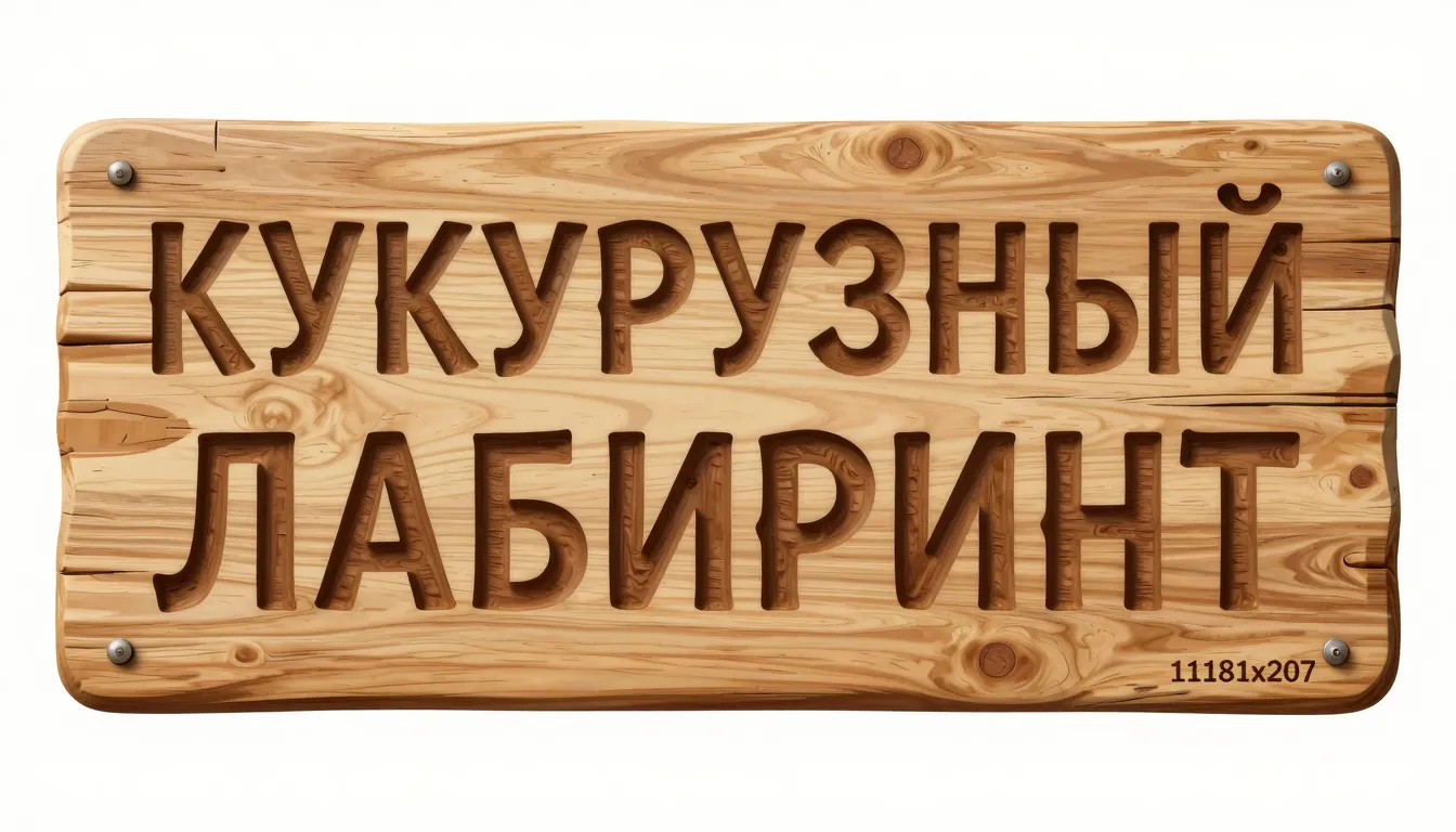 A wooden sign with the text "КУКУРУЗНЫЙ ЛАБИРИНТ" in bold, r...