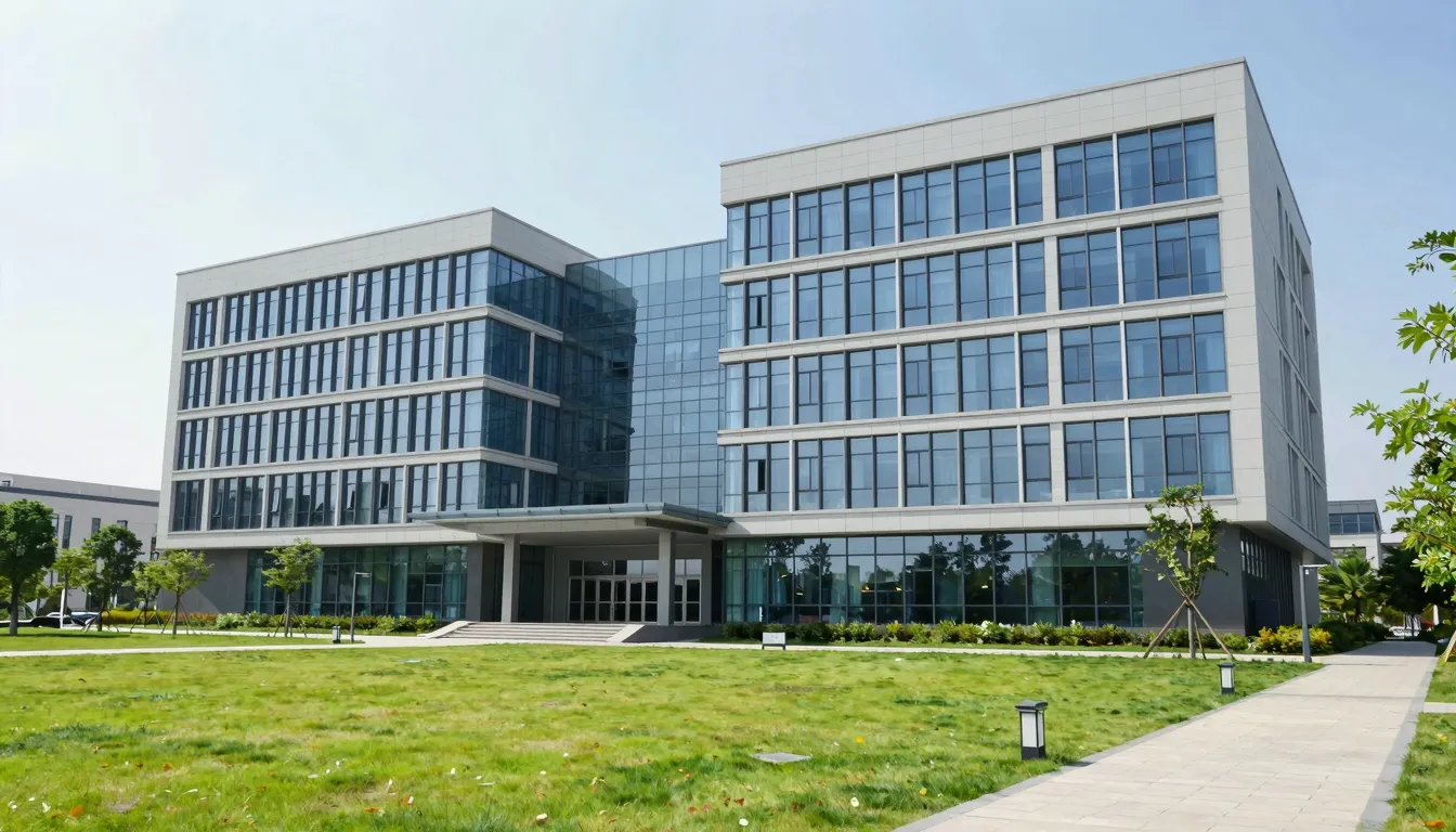 Modern hospital building exterior with a green park, bright ...