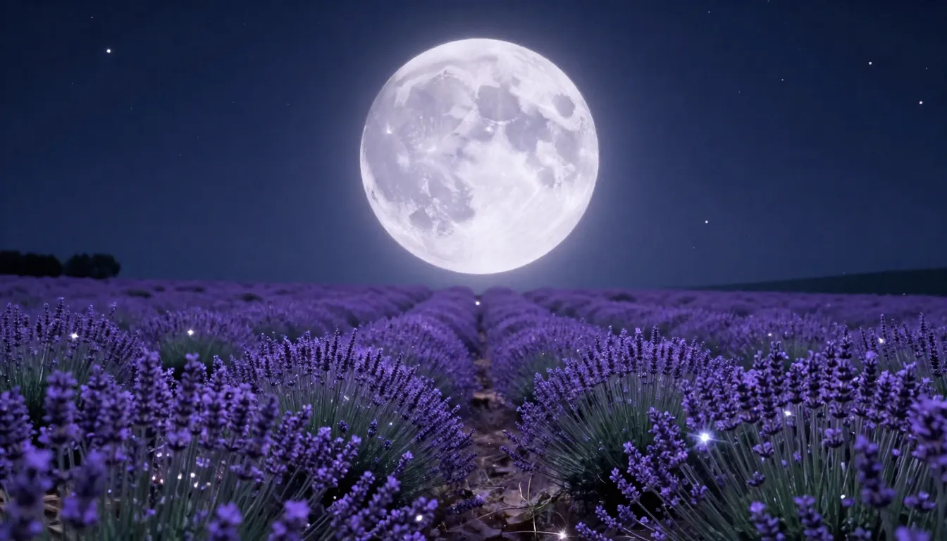 A romantic night landscape with a giant glowing moon, a fiel...