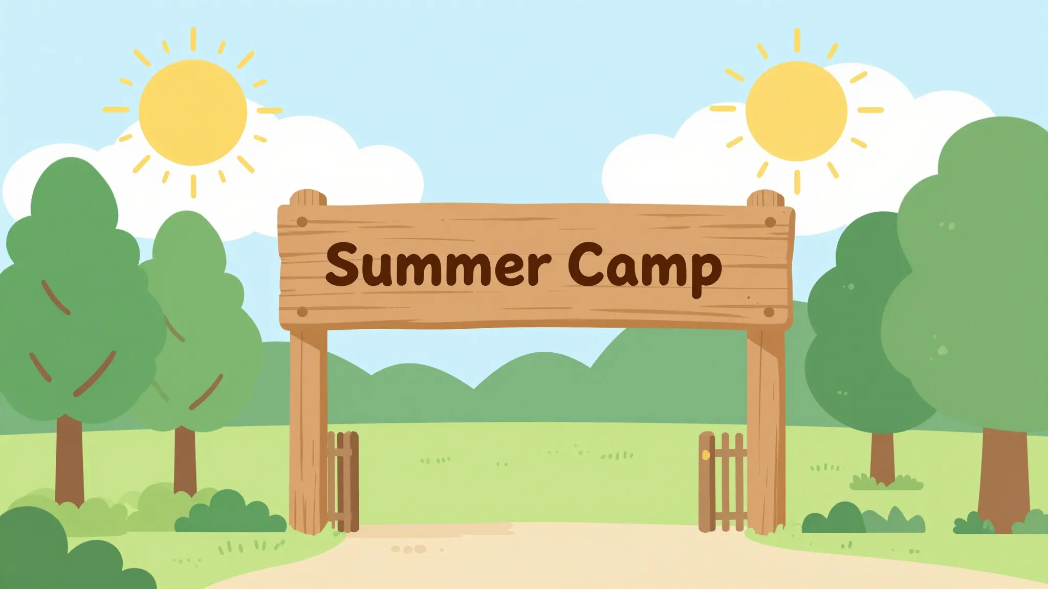 A cheerful illustration of a summer camp entrance with a woo...