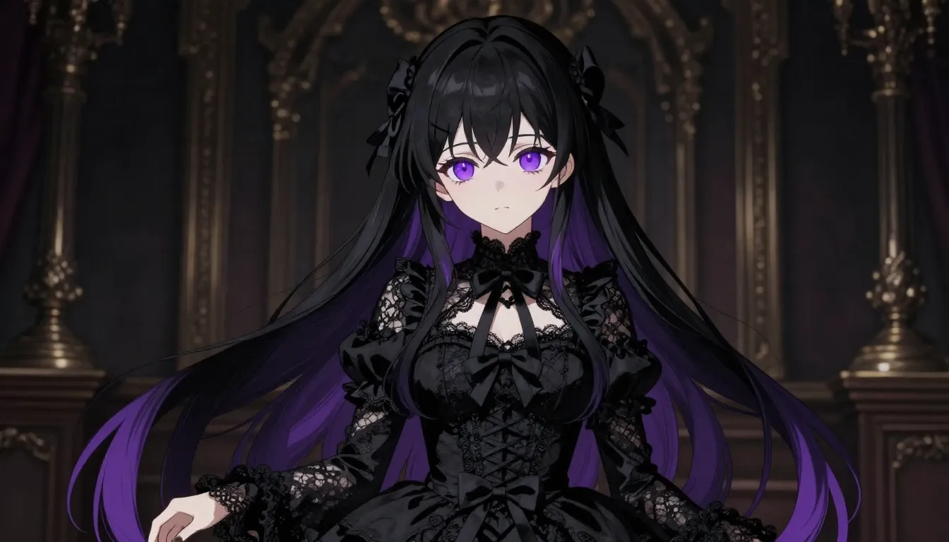 Anime girl in gothic lolita style, long black hair with purp...