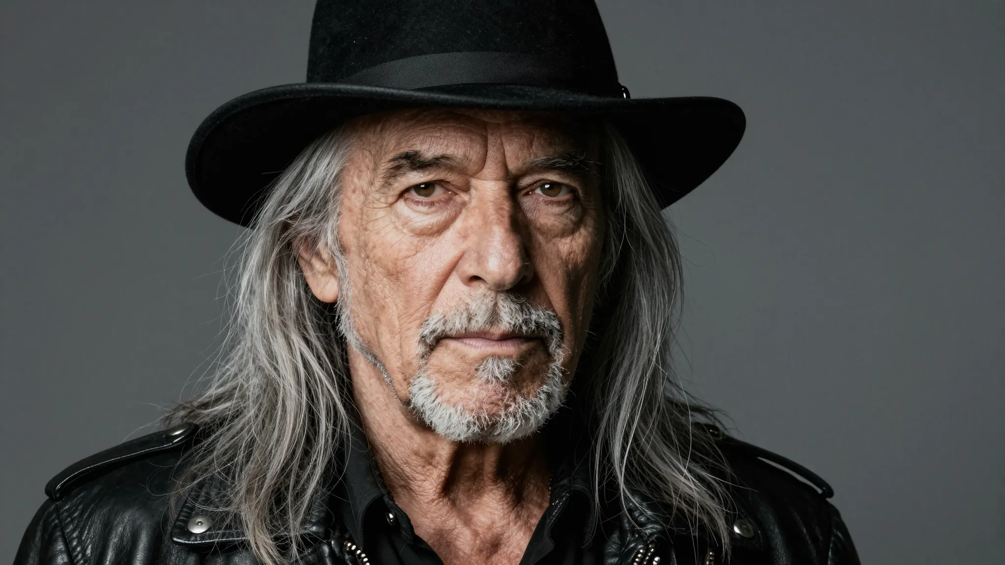 Hyper-realistic portrait of an elderly legendary rock star w...
