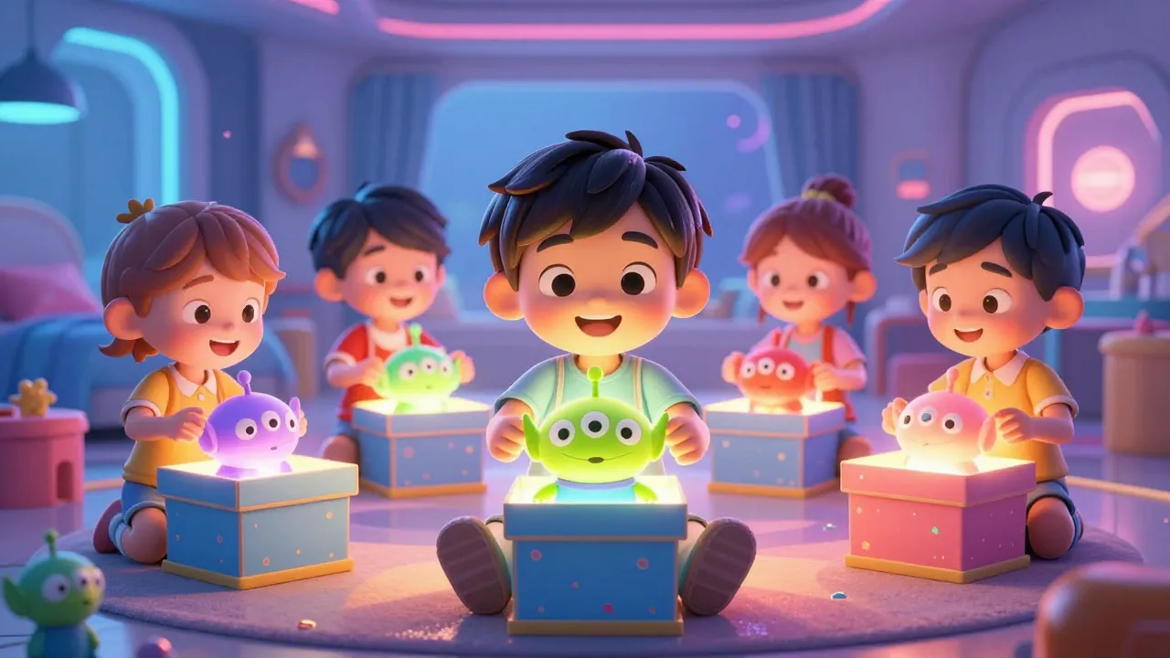 A group of happy children opening glowing mystery boxes with...