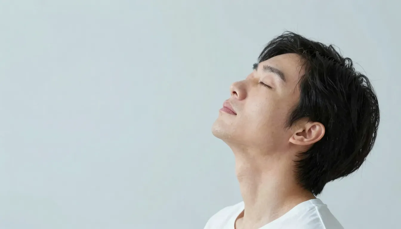 A serene person practicing deep breathing in a clean, minima...