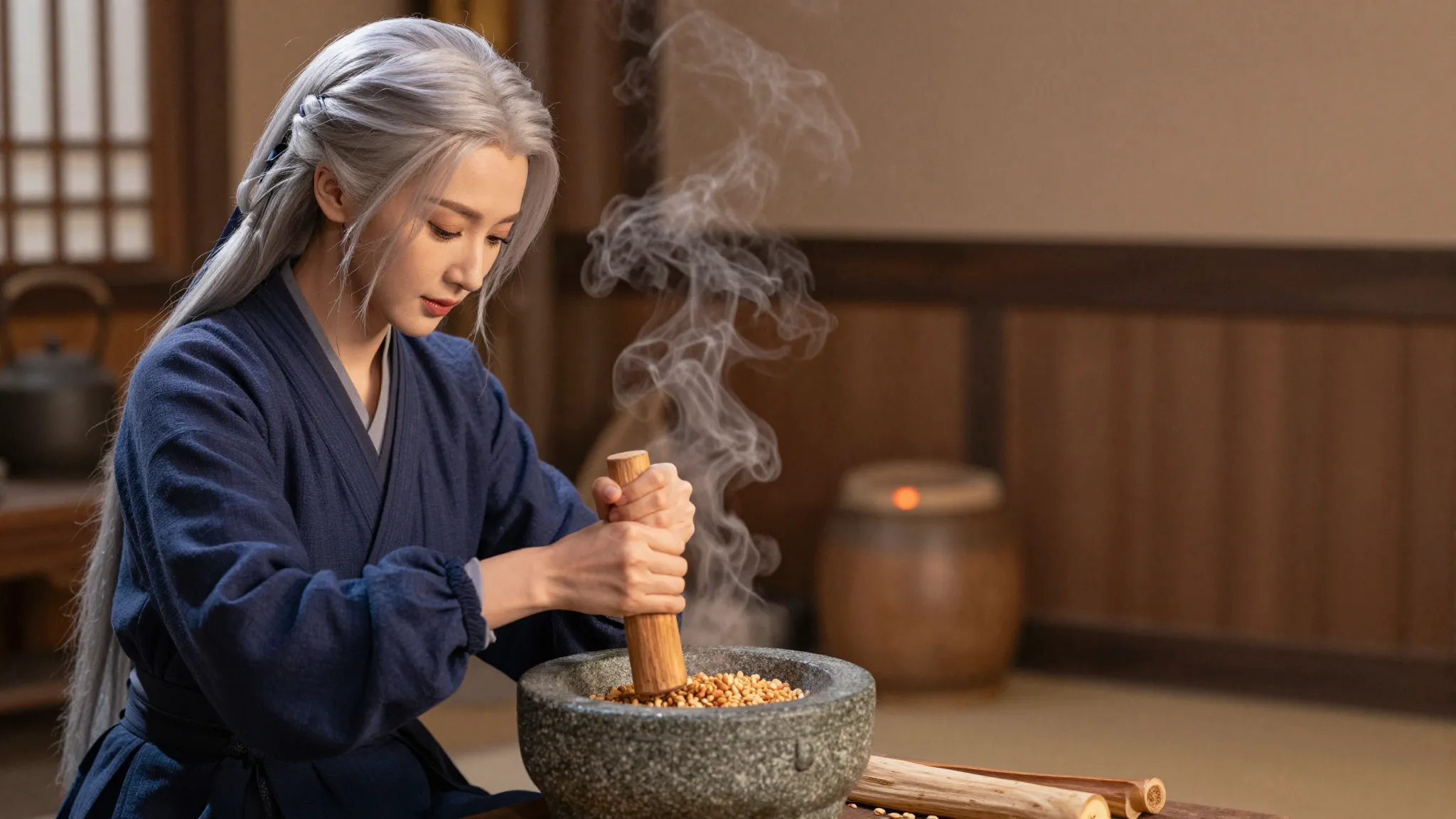 A beautiful woman with silver hair tied with a ribbon, weari...