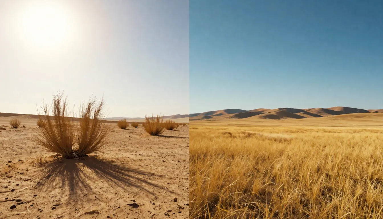 A split-screen landscape illustration: on the left, a dry Ca...