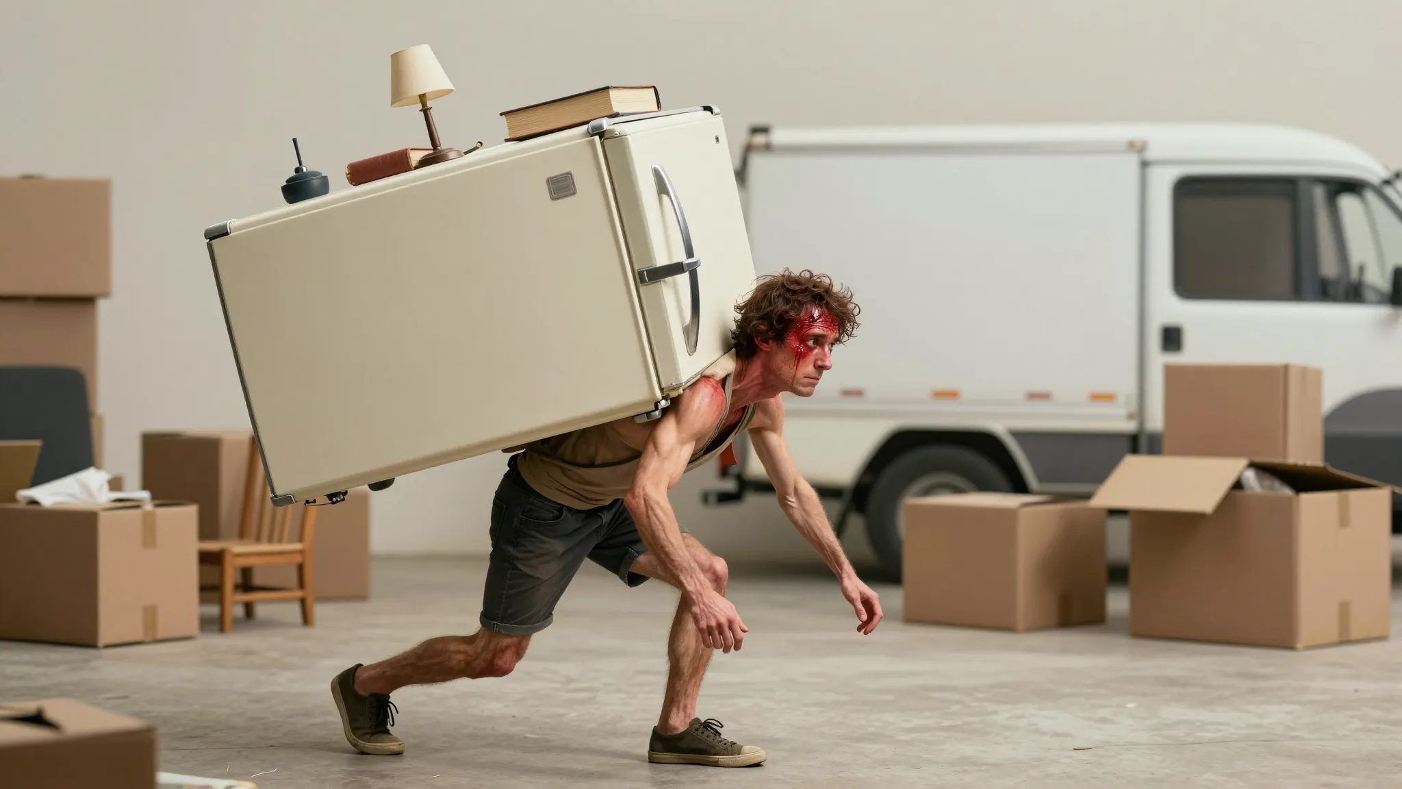 A humorous caricature of a person moving. A small, scrawny p...