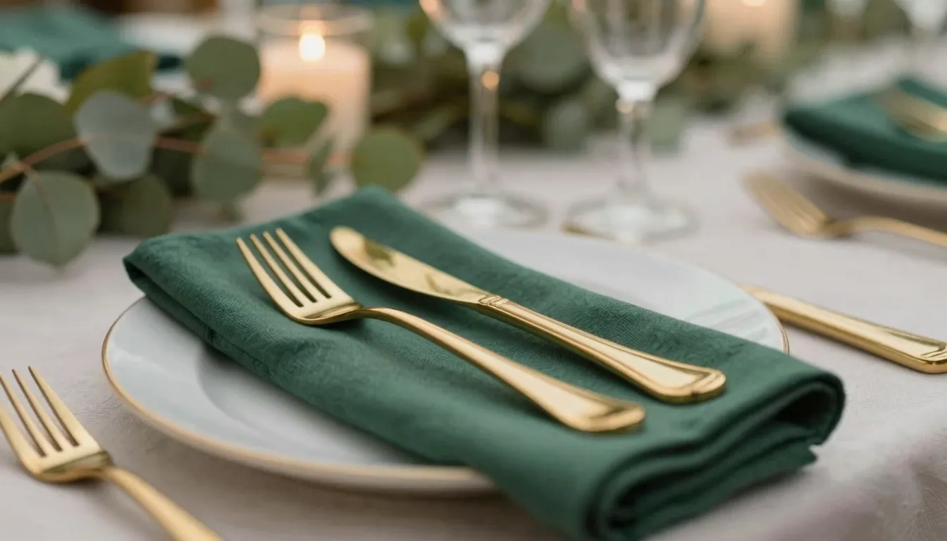 Close-up of a wedding guest table setting, emerald green lin...