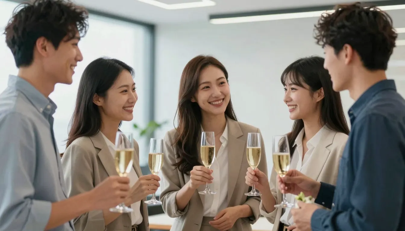 A group of five people - two men and three women - celebrati...