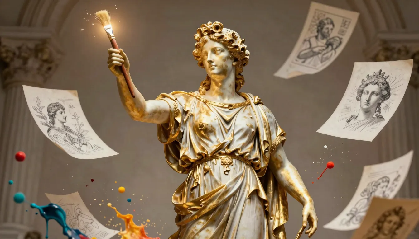 A divine golden statue of Apollo holding a glowing paintbrus...