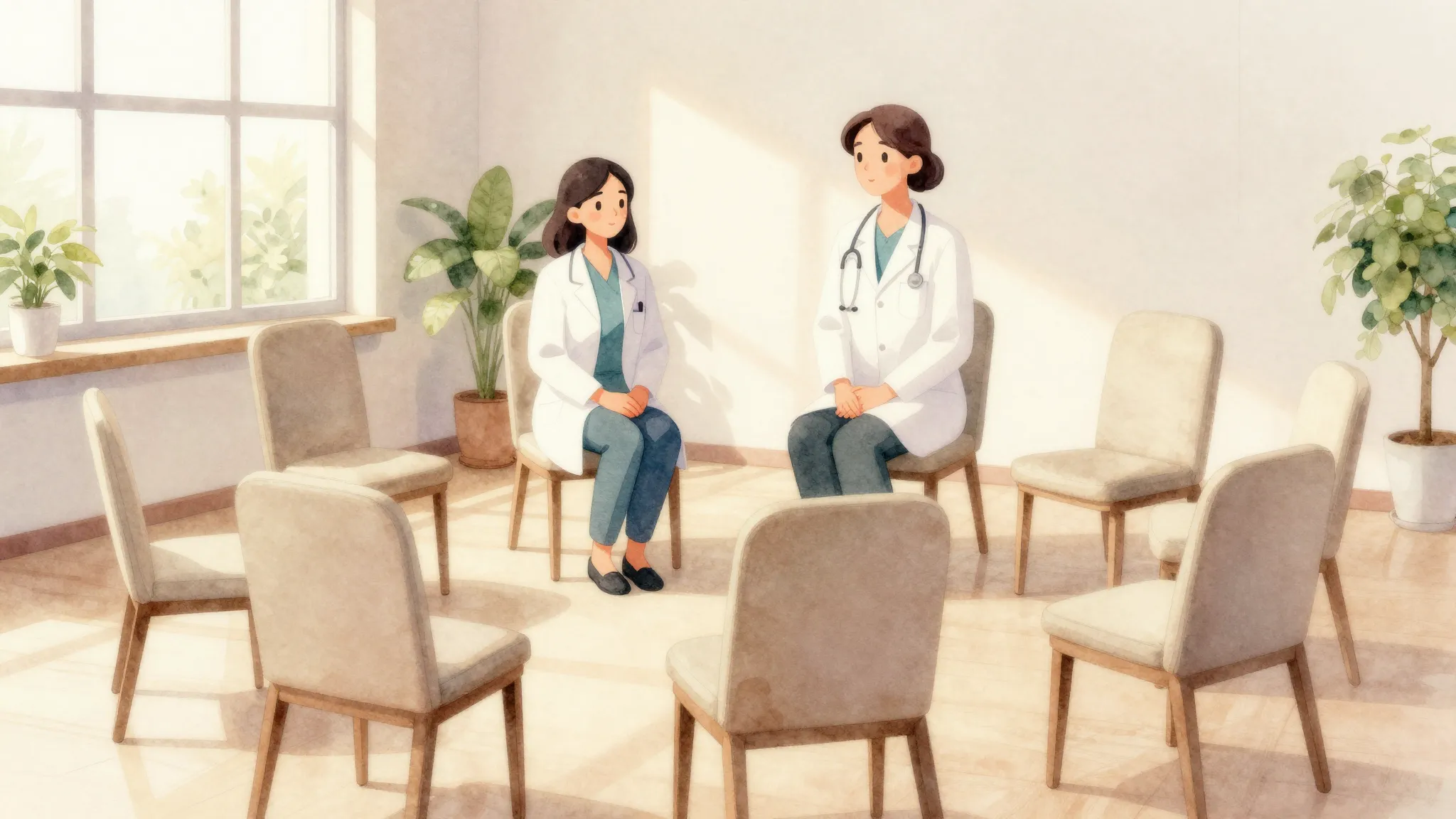 Watercolor illustration of a therapeutic circle of chairs in...