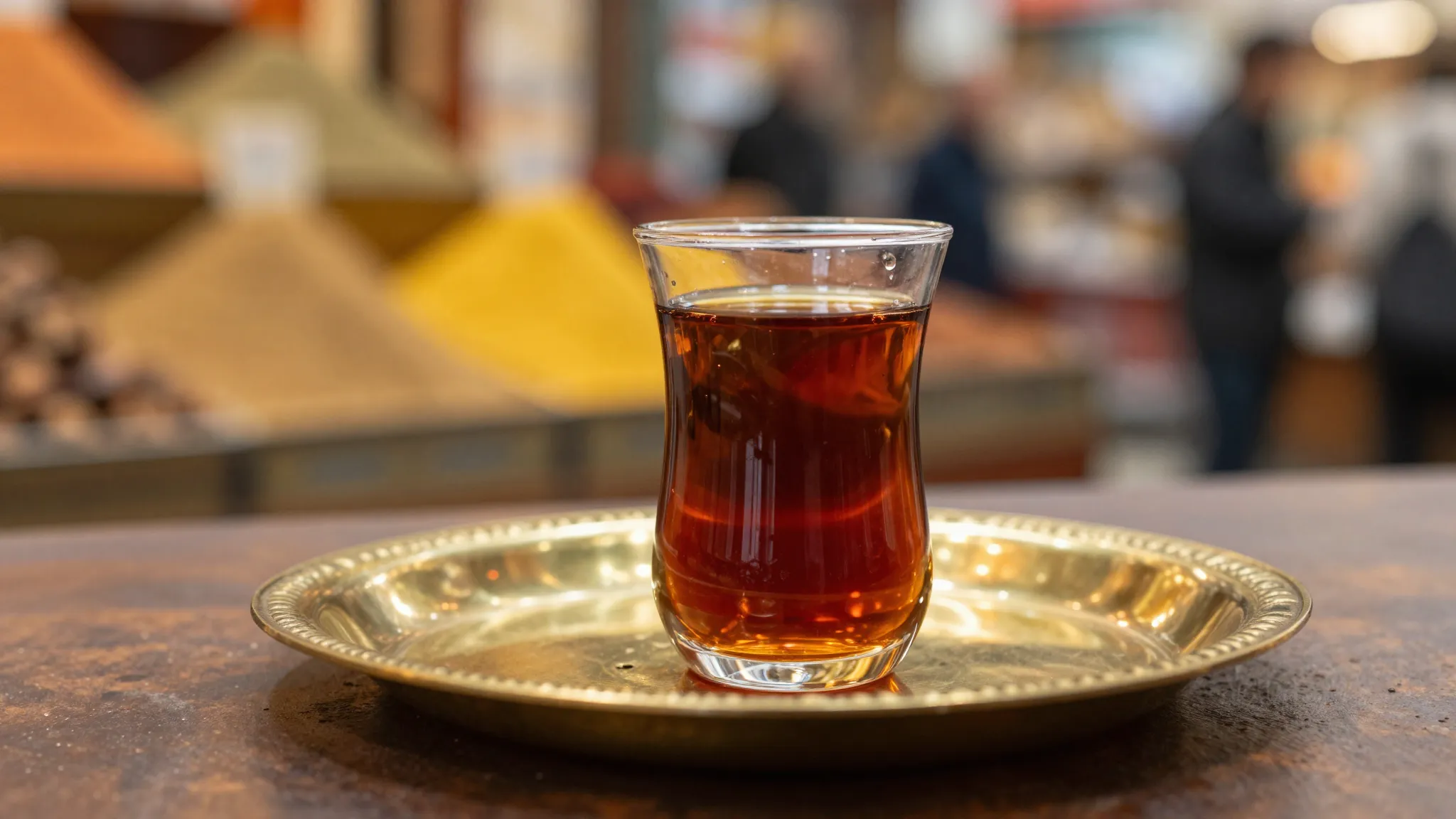 A close-up of a traditional Turkish tea glass on a brass tra...