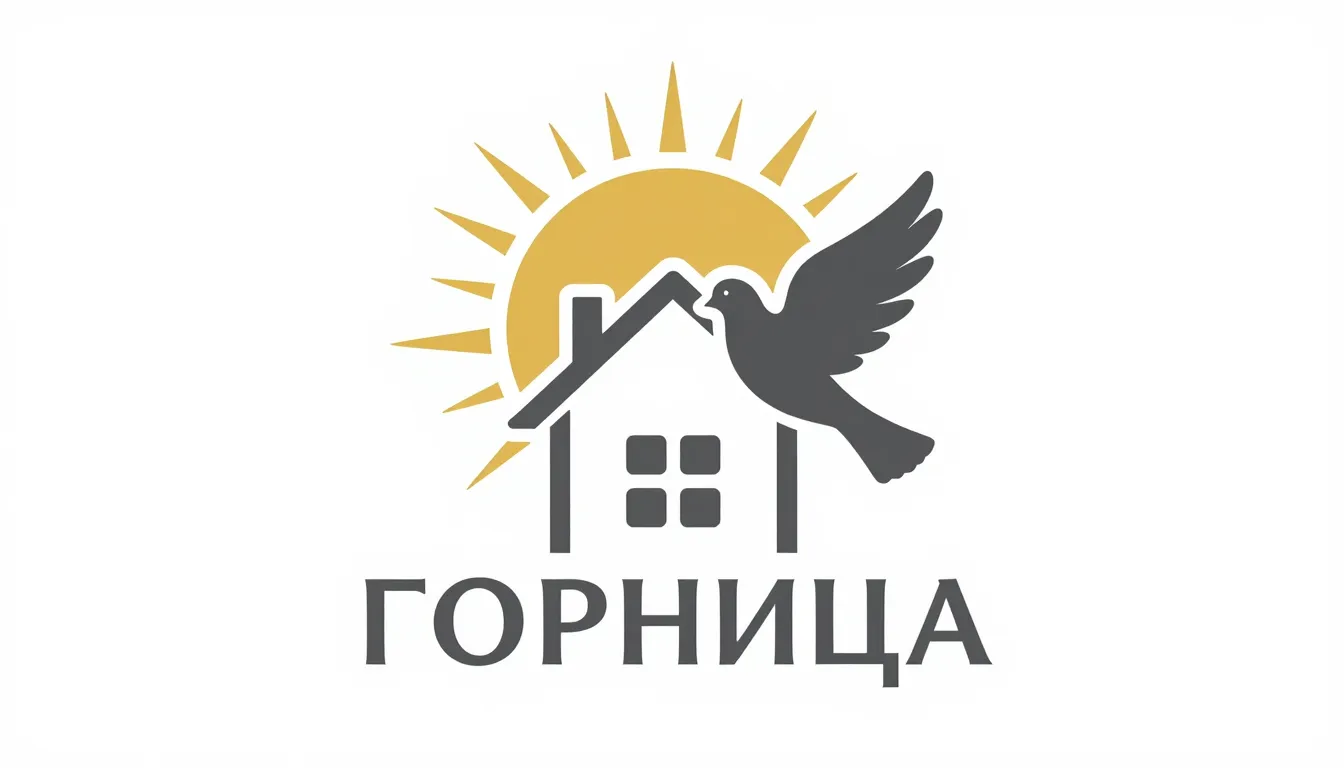 A minimalist logo combining a house silhouette, a rising sun...