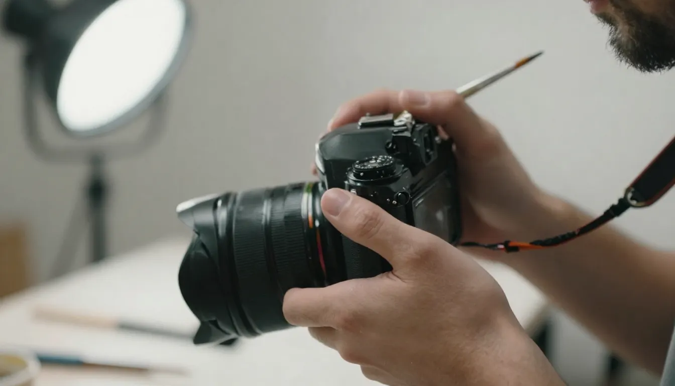 Close-up of an artist's hand holding a camera and a paintbru...