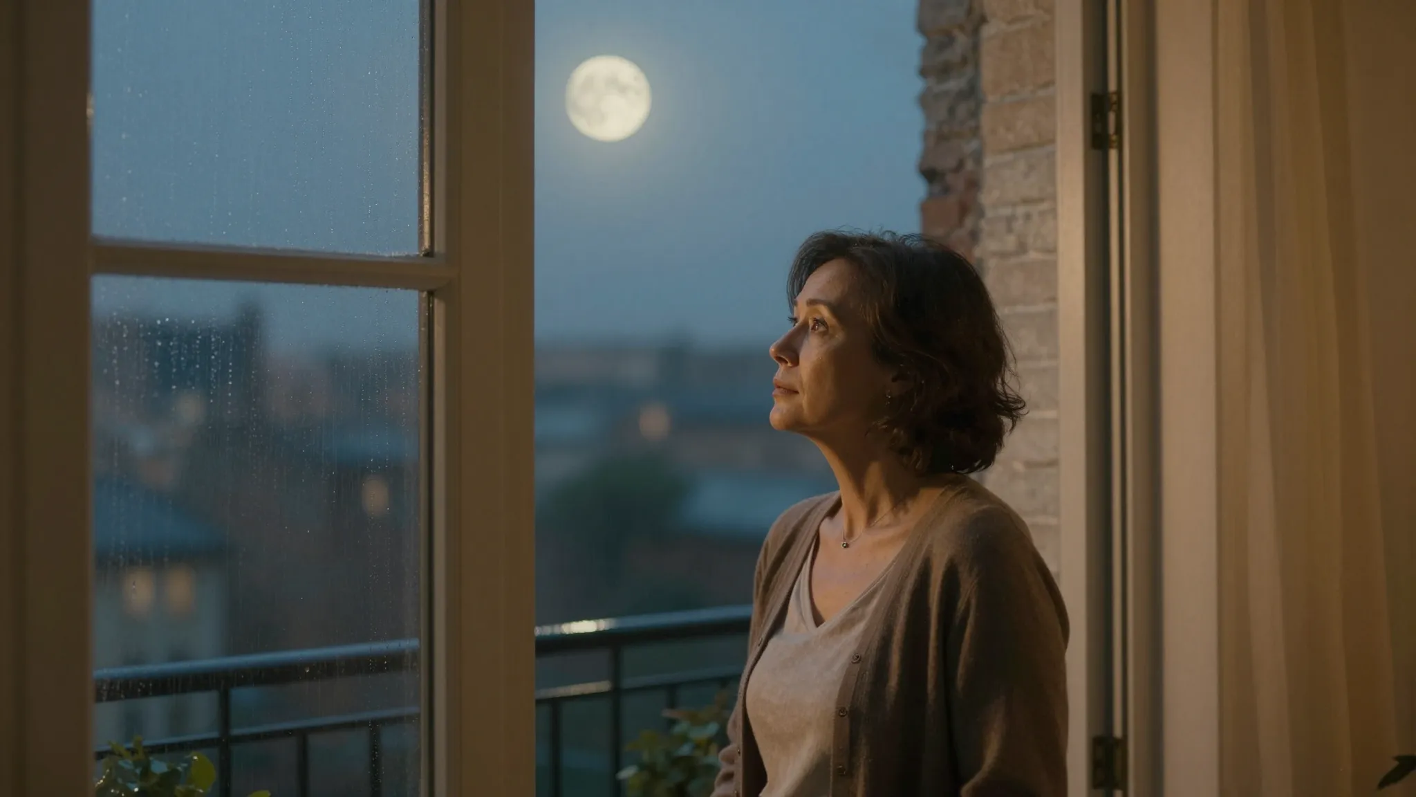 A mature woman looking out a window at a rainy evening city,...