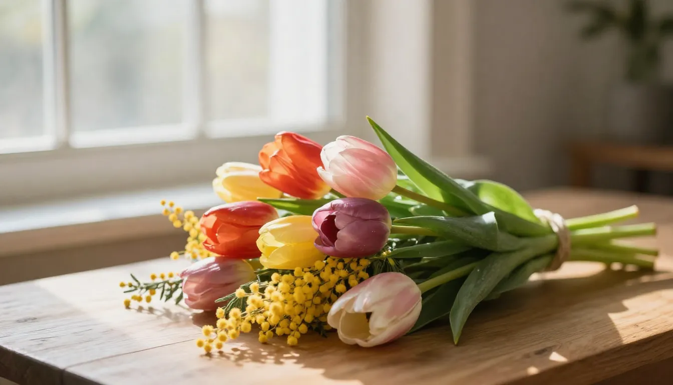 A beautiful spring bouquet of colorful tulips and mimosa flo...