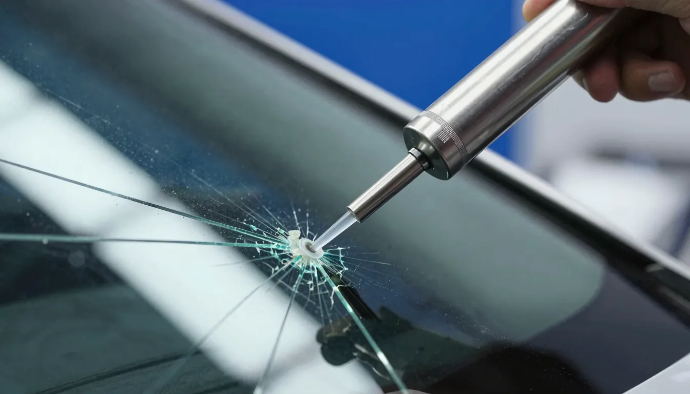 Professional macro shot of a car windshield repair process, ...