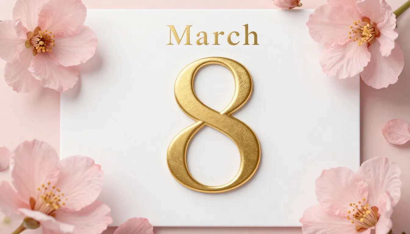 Elegant greeting card for March 8 with golden numbers 8 and ...