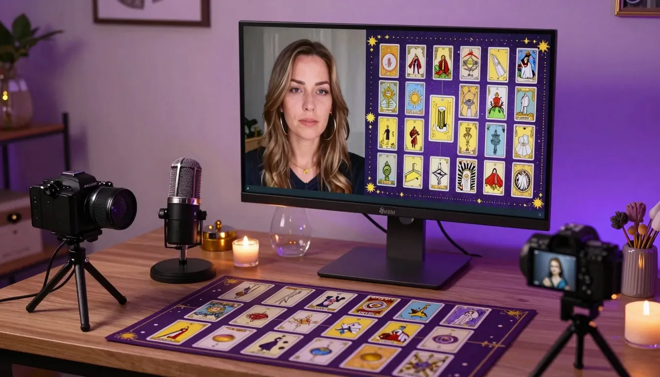 A professional streaming setup for a tarot reader. A desk wi...
