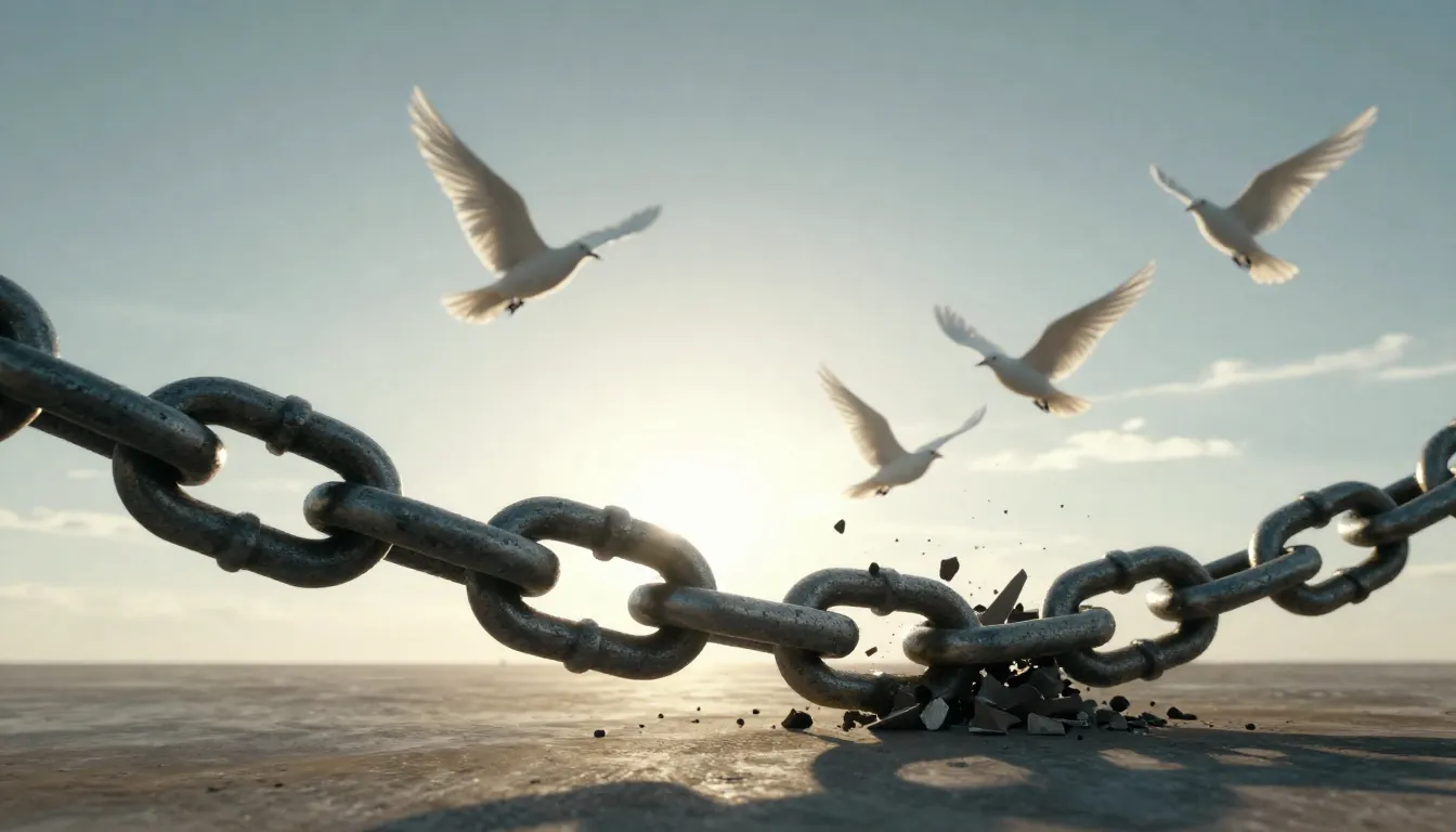 A conceptual image of a heavy iron chain breaking apart, wit...