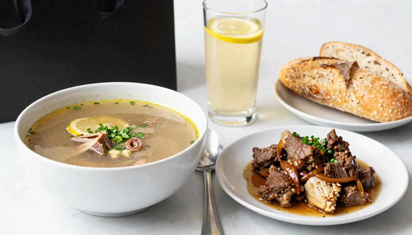 A high-quality photo of a hearty home-cooked meal set: a bow...