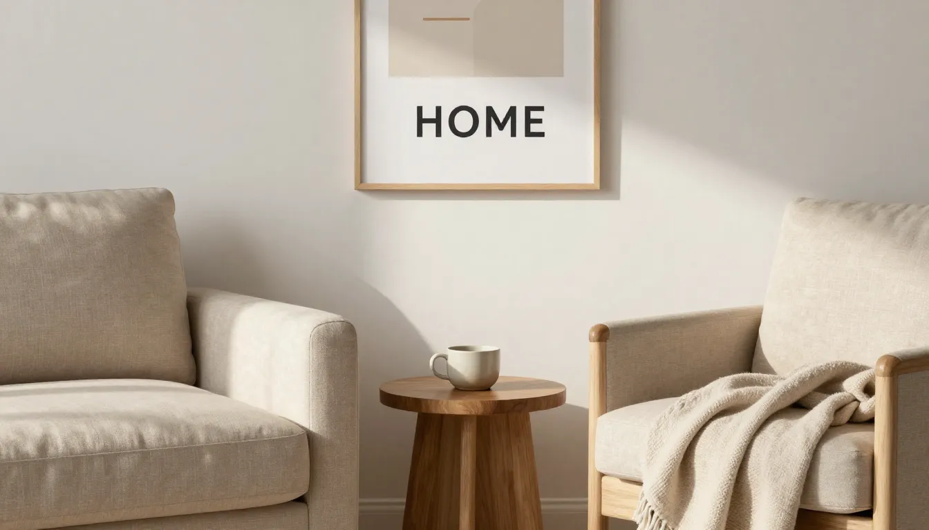 A cozy modern living room corner with a soft beige armchair,...