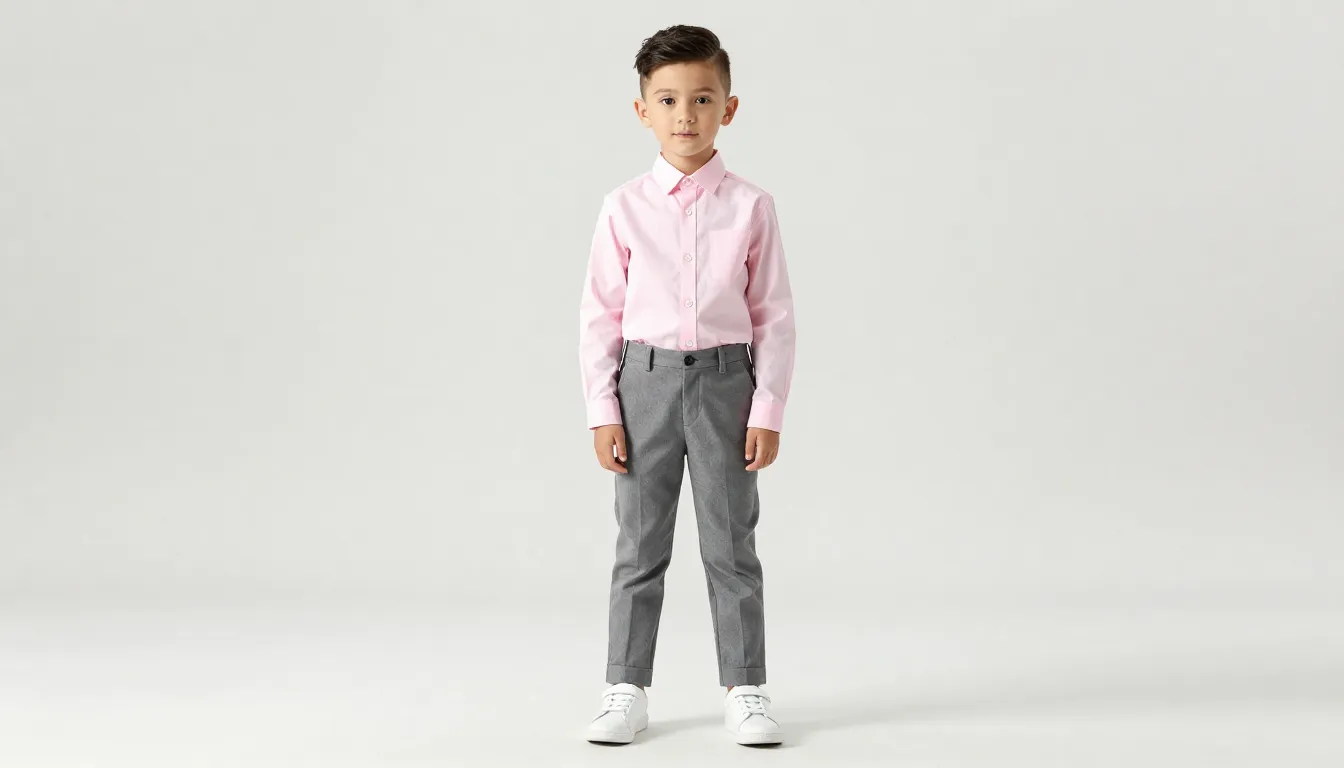 Full body shot of a stylish 7-year-old boy with a modern hai...