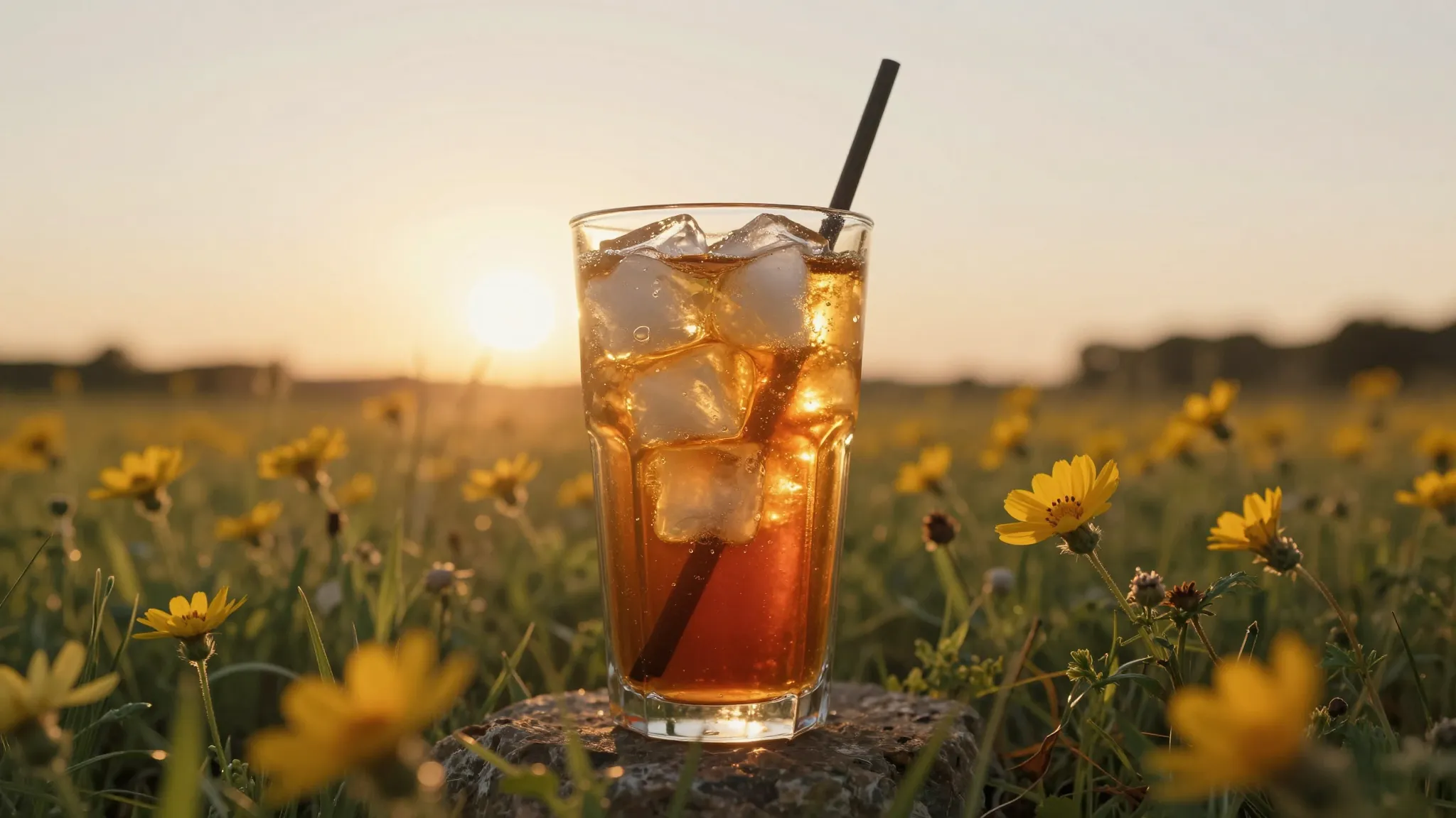 A warm summer sunset over a wildflower meadow, golden sunlig...