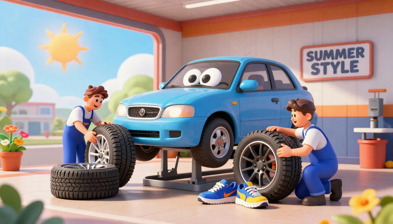 A humorous 3D animation style scene at a car service station...