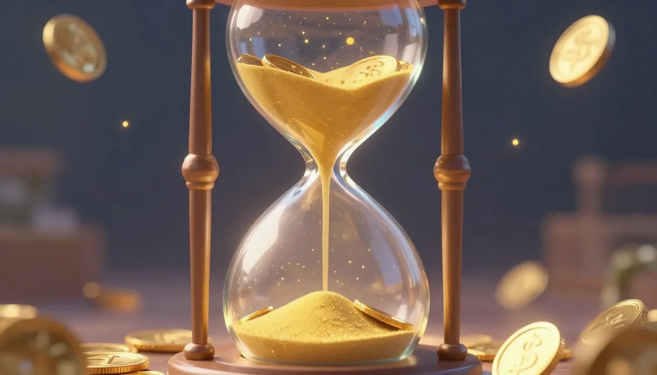 A digital illustration of a magical hourglass where sand tur...